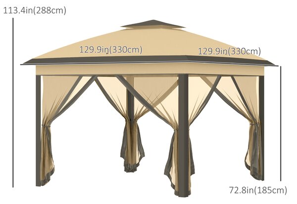 Outsunny 11 x 11ft Waterproof Gazebo, Double-Roof Shelter with Mesh Sidewalls, Adjustable Height & Carry Bag, Beige Aosom UK