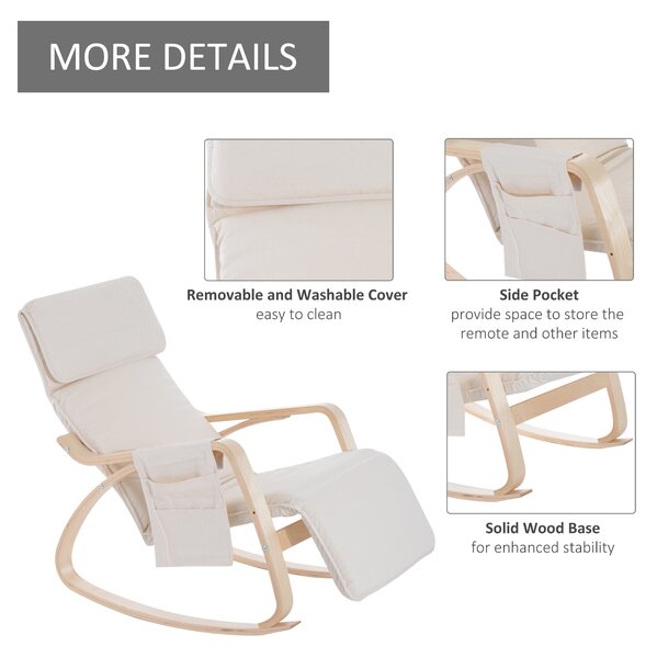 HOMCOM Rocking Lounge Chair Recliner Relaxation Lounging Relaxing Seat with Adjustable Footrest, Side Pocket and Pillow, Cream White Aosom UK