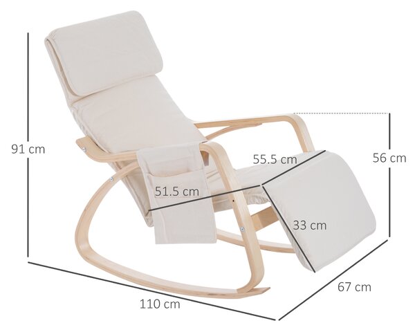 HOMCOM Rocking Lounge Chair Recliner Relaxation Lounging Relaxing Seat with Adjustable Footrest, Side Pocket and Pillow, Cream White Aosom UK