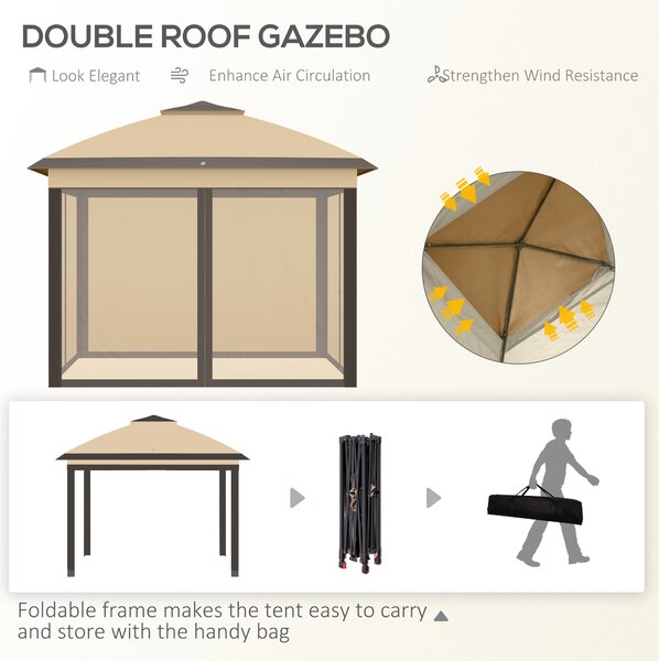 Outsunny 11 x 11ft Waterproof Gazebo, Double-Roof Shelter with Mesh Sidewalls, Adjustable Height & Carry Bag, Beige Aosom UK