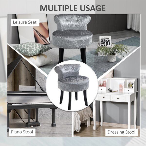 HOMCOM Dressing Table Stool, Ice Velvet with Rubber Wood Legs, Makeup Seat for Living Room, Bedroom, Grey Aosom UK