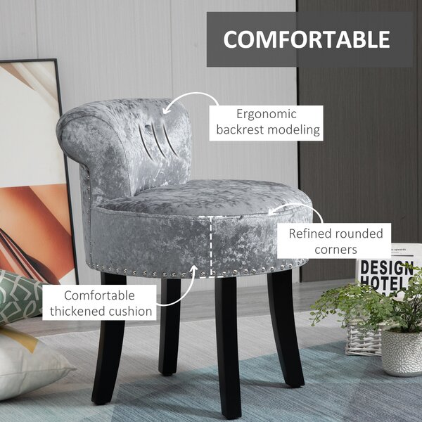HOMCOM Dressing Table Stool, Ice Velvet with Rubber Wood Legs, Makeup Seat for Living Room, Bedroom, Grey Aosom UK