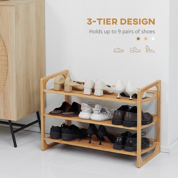 HOMCOM Bamboo Shoe Rack, 3-Tier Storage Organizer, Slatted Shelves, Free Standing, for 9 Pairs, Entryway, Natural Finish Aosom UK