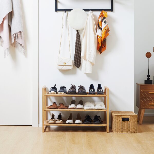 HOMCOM Bamboo Shoe Rack, 3-Tier Storage Organizer, Slatted Shelves, Free Standing, for 9 Pairs, Entryway, Natural Finish Aosom UK