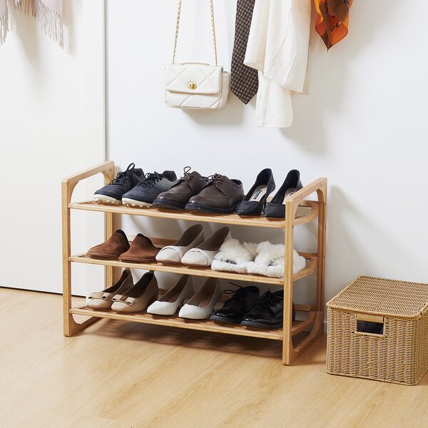 HOMCOM Bamboo Shoe Rack, 3-Tier Storage Organizer, Slatted Shelves, Free Standing, for 9 Pairs, Entryway, Natural Finish Aosom UK
