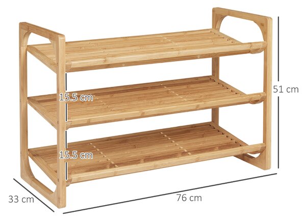 HOMCOM Bamboo Shoe Rack, 3-Tier Storage Organizer, Slatted Shelves, Free Standing, for 9 Pairs, Entryway, Natural Finish Aosom UK