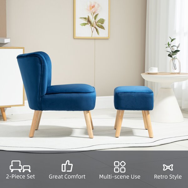 HOMCOM Velvet Accent Chair Occasional Tub Seat Padding Curved Back w/ Ottoman Wood Frame Legs Home Furniture, Dark Blue Aosom UK
