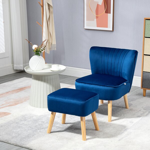 HOMCOM Velvet Accent Chair Occasional Tub Seat Padding Curved Back w/ Ottoman Wood Frame Legs Home Furniture, Dark Blue Aosom UK