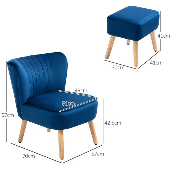 HOMCOM Velvet Accent Chair Occasional Tub Seat Padding Curved Back w/ Ottoman Wood Frame Legs Home Furniture, Dark Blue Aosom UK