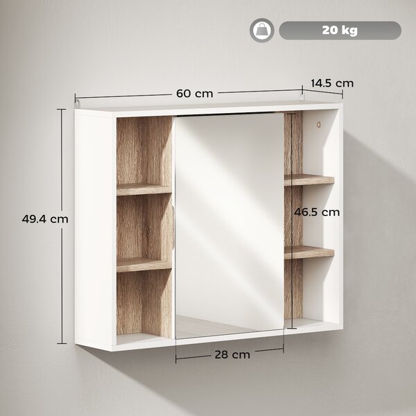 HOMCOM Bathroom Wall Cabinet with Mirror & Adjustable Side Shelves, Space-Saving Design, 1 Inner Shelf, White, 60 x 14.5 x 49.4cm Aosom UK