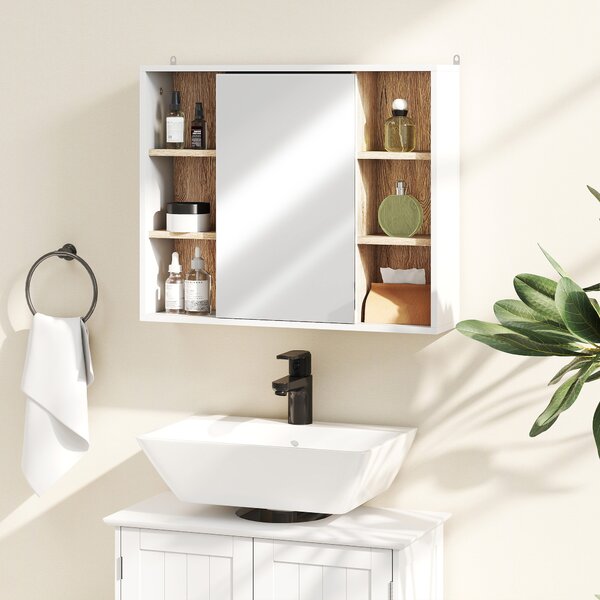 HOMCOM Bathroom Wall Cabinet with Mirror & Adjustable Side Shelves, Space-Saving Design, 1 Inner Shelf, White, 60 x 14.5 x 49.4cm Aosom UK