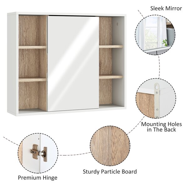 HOMCOM Bathroom Wall Cabinet with Mirror & Adjustable Side Shelves, Space-Saving Design, 1 Inner Shelf, White, 60 x 14.5 x 49.4cm Aosom UK
