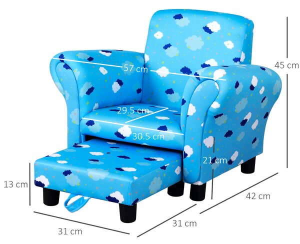 HOMCOM Childrens Sofa Mini Sofa Wood Frame w/ Footrest Anti-Slip Legs High Back Arms Bedroom Playroom Furniture Cute Cloud Star Blue Aosom UK