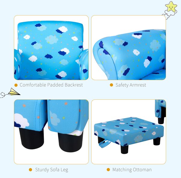 HOMCOM Childrens Sofa Mini Sofa Wood Frame w/ Footrest Anti-Slip Legs High Back Arms Bedroom Playroom Furniture Cute Cloud Star Blue Aosom UK