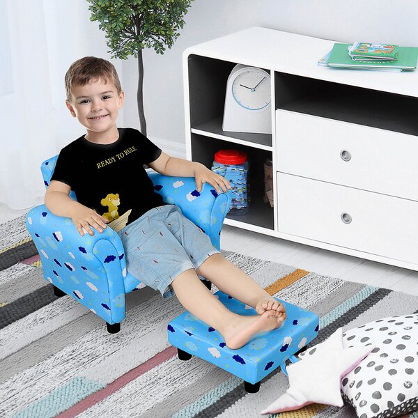 HOMCOM Childrens Sofa Mini Sofa Wood Frame w/ Footrest Anti-Slip Legs High Back Arms Bedroom Playroom Furniture Cute Cloud Star Blue Aosom UK