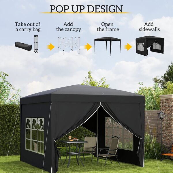 Outsunny 3 x 3m Pop Up Gazebo with Sides, Metal Frame Water Resistant Tent Canopy with Carry Bag and 2 Windows, Black Aosom UK