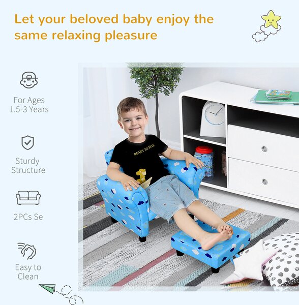 HOMCOM Childrens Sofa Mini Sofa Wood Frame w/ Footrest Anti-Slip Legs High Back Arms Bedroom Playroom Furniture Cute Cloud Star Blue Aosom UK