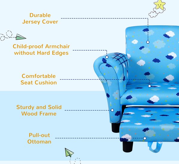 HOMCOM Childrens Sofa Mini Sofa Wood Frame w/ Footrest Anti-Slip Legs High Back Arms Bedroom Playroom Furniture Cute Cloud Star Blue Aosom UK