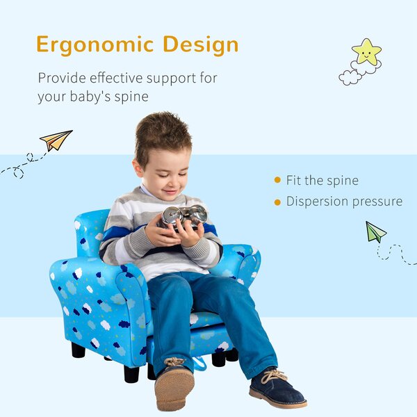 HOMCOM Childrens Sofa Mini Sofa Wood Frame w/ Footrest Anti-Slip Legs High Back Arms Bedroom Playroom Furniture Cute Cloud Star Blue Aosom UK
