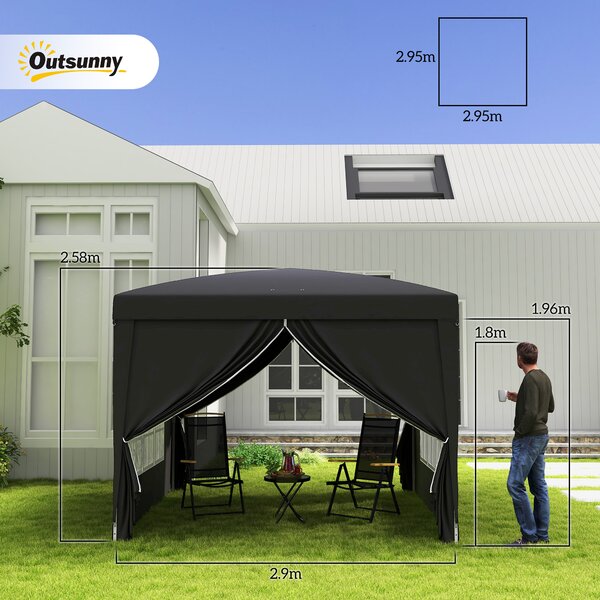 Outsunny 3 x 3m Pop Up Gazebo with Sides, Metal Frame Water Resistant Tent Canopy with Carry Bag and 2 Windows, Black Aosom UK
