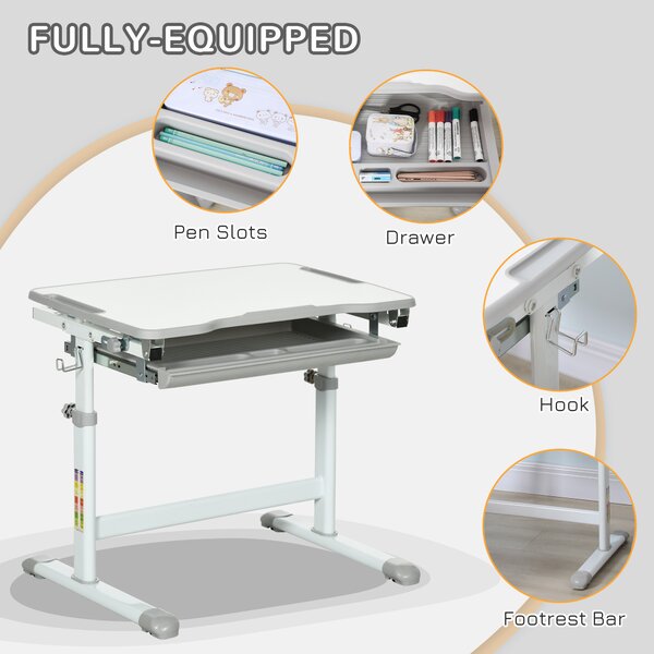 HOMCOM Kids Desk and Chair Set, Height Adjustable Student Writing Desk and Chair Set, Children Adjustable Study Table with with Drawer, Pen Slot, Hook, Grey Aosom UK