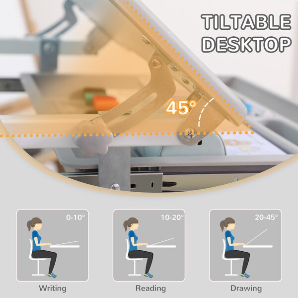 HOMCOM Kids Desk and Chair Set, Height Adjustable Student Writing Desk and Chair Set, Children Adjustable Study Table with with Drawer, Pen Slot, Hook, Grey Aosom UK