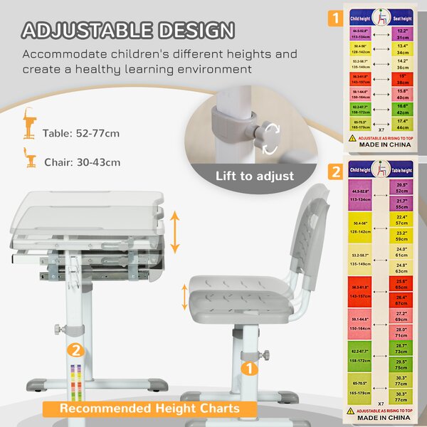 HOMCOM Kids Desk and Chair Set, Height Adjustable Student Writing Desk and Chair Set, Children Adjustable Study Table with with Drawer, Pen Slot, Hook, Grey Aosom UK