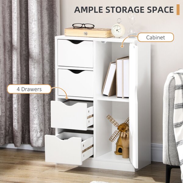 HOMCOM Freestanding Bathroom Cabinet, 4 Drawer Storage Cupboard with Door for Living Room, Kitchen, Bedroom, White Aosom UK