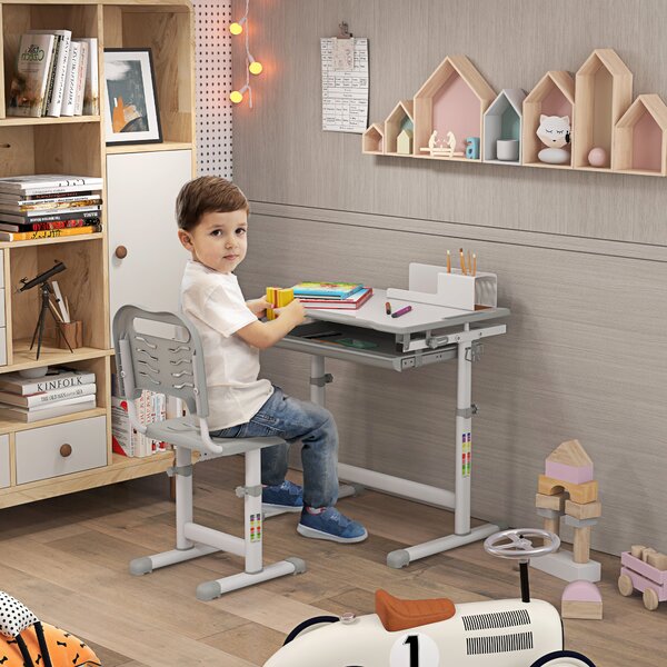 HOMCOM Kids Desk and Chair Set, Height Adjustable Student Writing Desk and Chair Set, Children Adjustable Study Table with with Drawer, Pen Slot, Hook, Grey Aosom UK