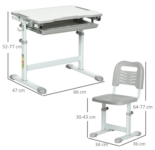 HOMCOM Kids Desk and Chair Set, Height Adjustable Student Writing Desk and Chair Set, Children Adjustable Study Table with with Drawer, Pen Slot, Hook, Grey Aosom UK
