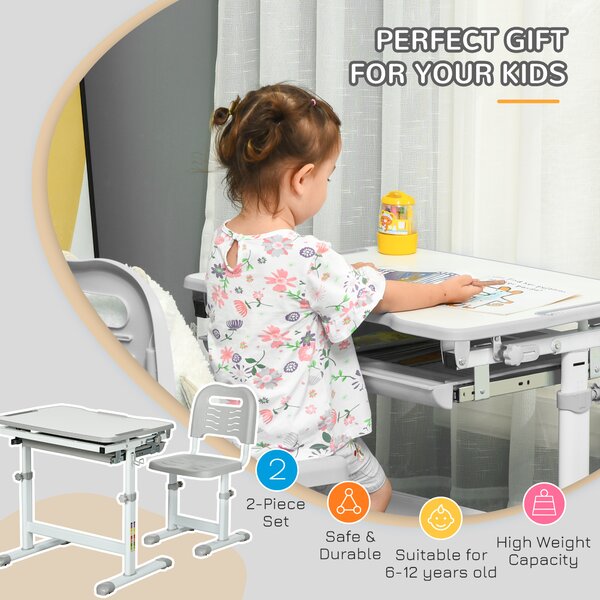 HOMCOM Kids Desk and Chair Set, Height Adjustable Student Writing Desk and Chair Set, Children Adjustable Study Table with with Drawer, Pen Slot, Hook, Grey Aosom UK