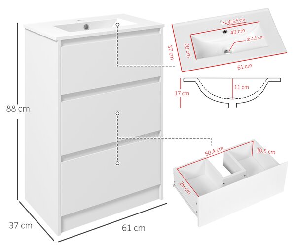 Kleankin Floor Standing Vanity Unit: 600mm Bathroom Sink Cabinet with Basin, Single Tap Hole, High Gloss, 2 Drawers - White Aosom UK