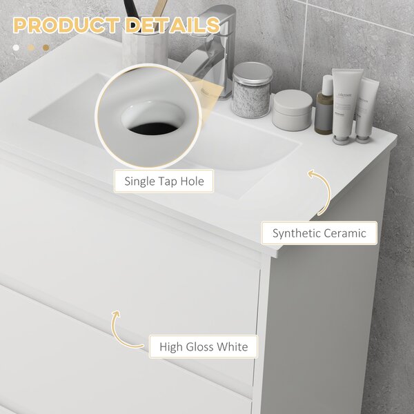 Kleankin Floor Standing Vanity Unit: 600mm Bathroom Sink Cabinet with Basin, Single Tap Hole, High Gloss, 2 Drawers - White Aosom UK