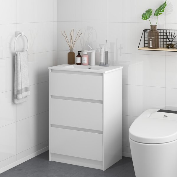 Kleankin Floor Standing Vanity Unit: 600mm Bathroom Sink Cabinet with Basin, Single Tap Hole, High Gloss, 2 Drawers - White Aosom UK