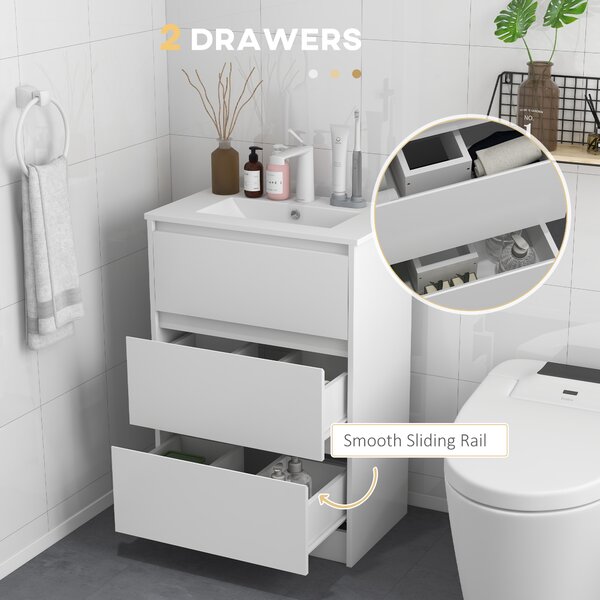 Kleankin Floor Standing Vanity Unit: 600mm Bathroom Sink Cabinet with Basin, Single Tap Hole, High Gloss, 2 Drawers - White Aosom UK