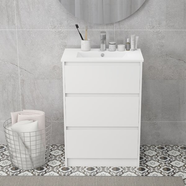 Kleankin Floor Standing Vanity Unit: 600mm Bathroom Sink Cabinet with Basin, Single Tap Hole, High Gloss, 2 Drawers - White Aosom UK