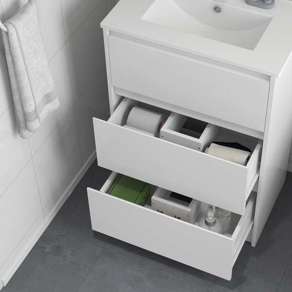 Kleankin Floor Standing Vanity Unit: 600mm Bathroom Sink Cabinet with Basin, Single Tap Hole, High Gloss, 2 Drawers - White Aosom UK