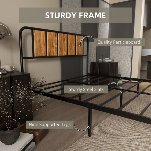 HOMCOM 25.5cm Double Bed Frame, Industrial Bed Base with Headboard, Footboard, Steel Slat Support and Storage, 145 x 199cm, Rustic Brown Aosom UK