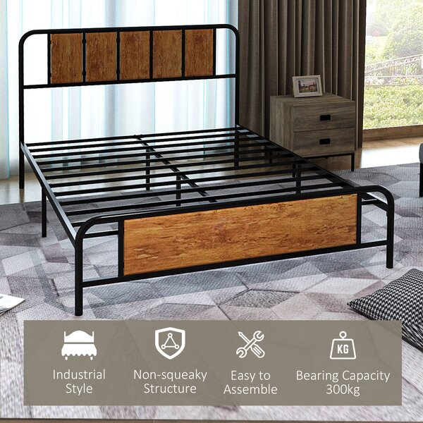 HOMCOM 25.5cm Double Bed Frame, Industrial Bed Base with Headboard, Footboard, Steel Slat Support and Storage, 145 x 199cm, Rustic Brown Aosom UK