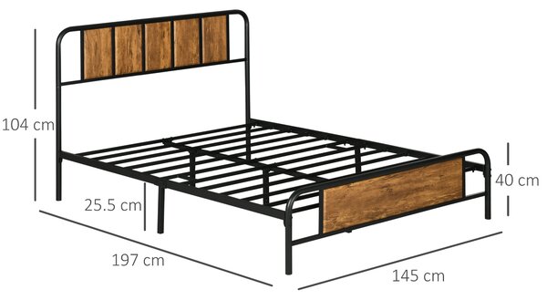 HOMCOM 25.5cm Double Bed Frame, Industrial Bed Base with Headboard, Footboard, Steel Slat Support and Storage, 145 x 199cm, Rustic Brown Aosom UK