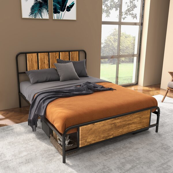 HOMCOM 25.5cm Double Bed Frame, Industrial Bed Base with Headboard, Footboard, Steel Slat Support and Storage, 145 x 199cm, Rustic Brown Aosom UK