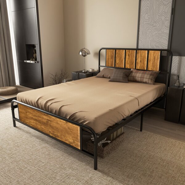 HOMCOM 25.5cm Double Bed Frame, Industrial Bed Base with Headboard, Footboard, Steel Slat Support and Storage, 145 x 199cm, Rustic Brown Aosom UK
