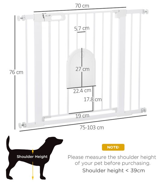 PawHut Dog Gate with Cat Flap Pet Safety Gate Barrier, Stair Pressure Fit, Auto Close, Double Locking, for Doorways, Hallways, 75-103 cm White