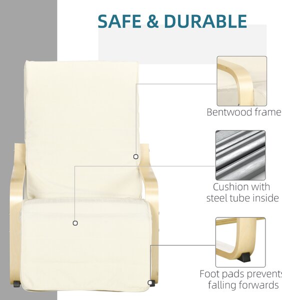 Wooden Lounging Chair HOMCOM Relaxing Recliner Lounge Seat with Adjustable Footrest & Removable Cushion, Cream White Aosom UK