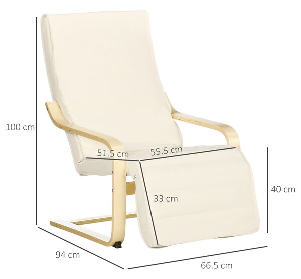 Wooden Lounging Chair HOMCOM Relaxing Recliner Lounge Seat with Adjustable Footrest & Removable Cushion, Cream White Aosom UK