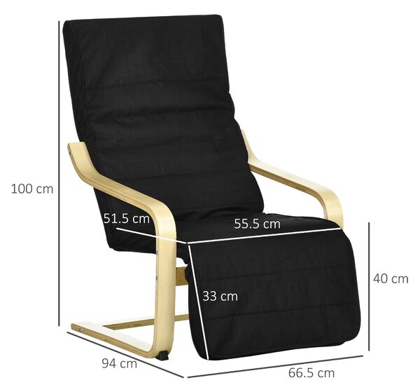 HOMCOM Wooden Lounging Chair Deck Relaxing Recliner Lounge Seat with Adjustable Footrest & Removable Cushion, Cat Scratch Resistant, Black