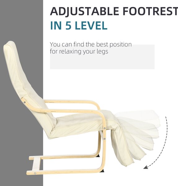 Wooden Lounging Chair HOMCOM Relaxing Recliner Lounge Seat with Adjustable Footrest & Removable Cushion, Cream White Aosom UK
