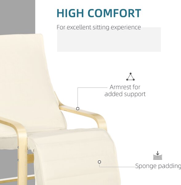Wooden Lounging Chair HOMCOM Relaxing Recliner Lounge Seat with Adjustable Footrest & Removable Cushion, Cream White Aosom UK