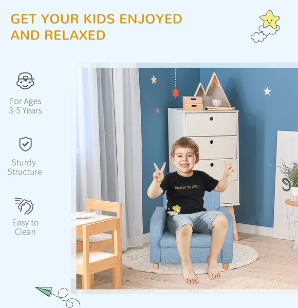 HOMCOM Kids Sofa Mini Sofa Armchair Wood Frame Anti-Slip Legs High Back Bedroom Playroom Furniture for 3-6 Ages, Cat Scratch Anti, Blue Aosom UK