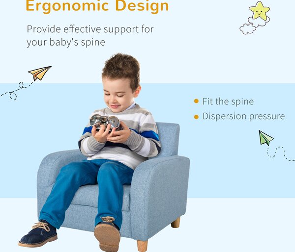 HOMCOM Kids Sofa Mini Sofa Armchair Wood Frame Anti-Slip Legs High Back Bedroom Playroom Furniture for 3-6 Ages, Cat Scratch Anti, Blue Aosom UK